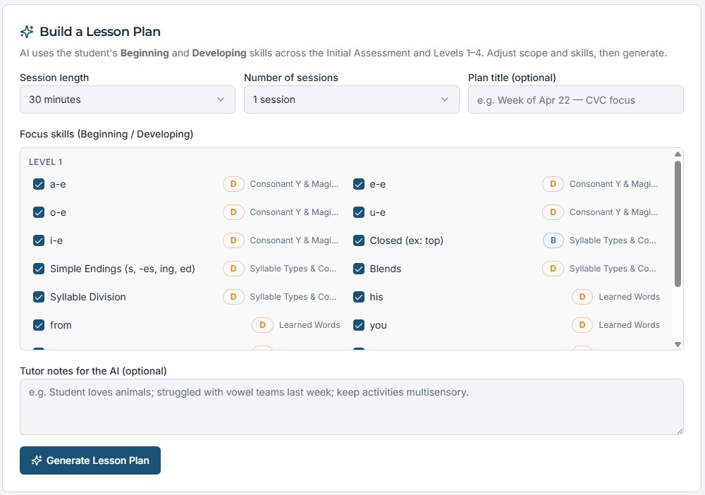 K12Launch practitioner app showing the Lesson Builder with skill selection and plan generation