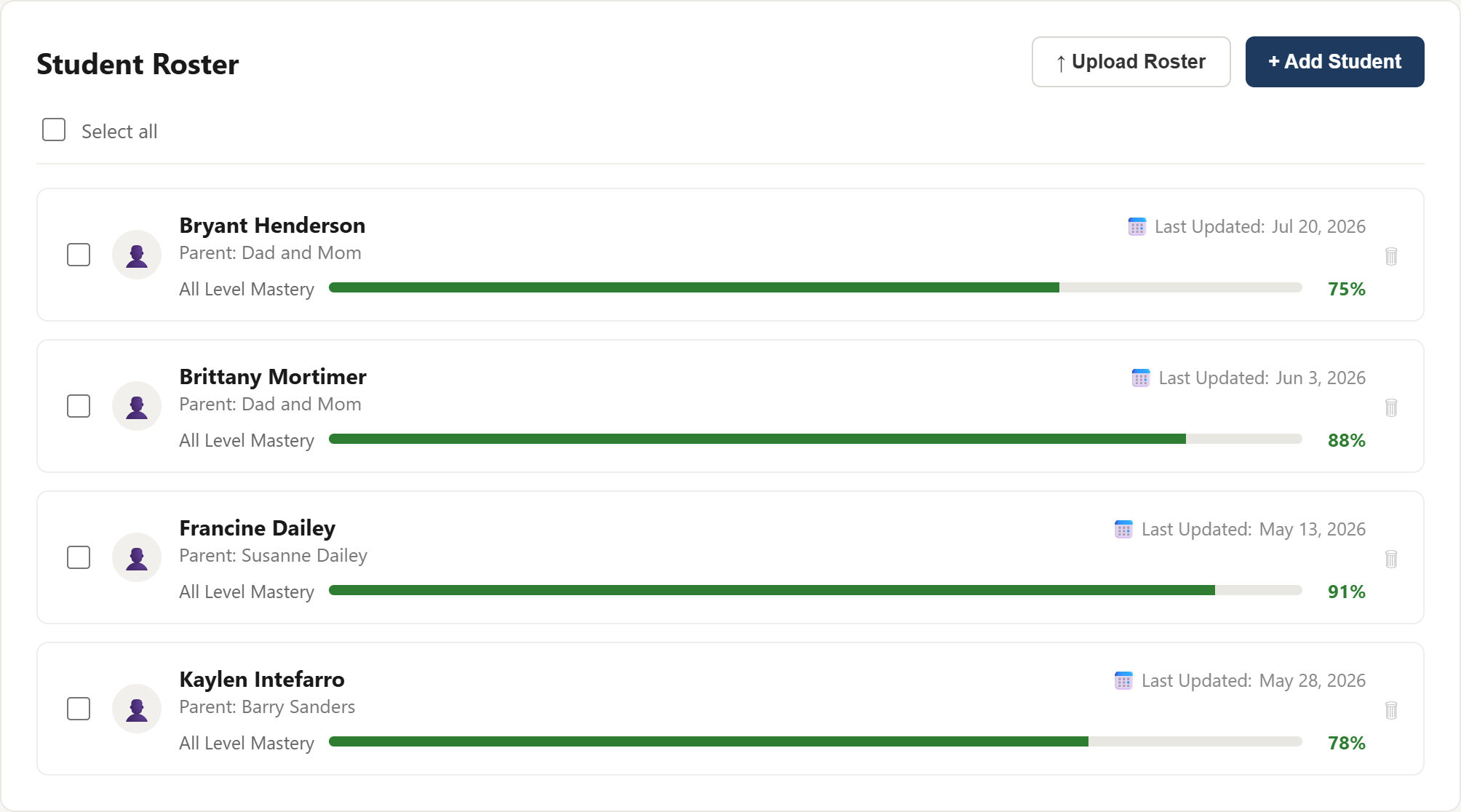 K12Launch practitioner app showing the Student Roster with progress tracking